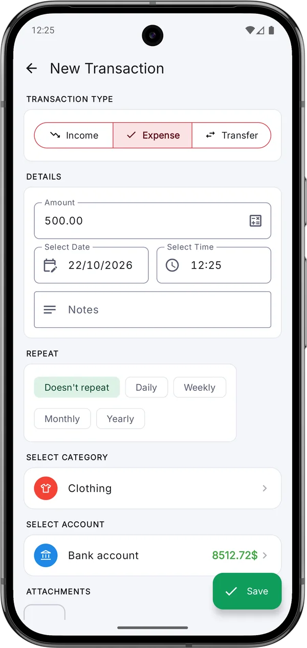 New transaction screen with income, expense and transfer options