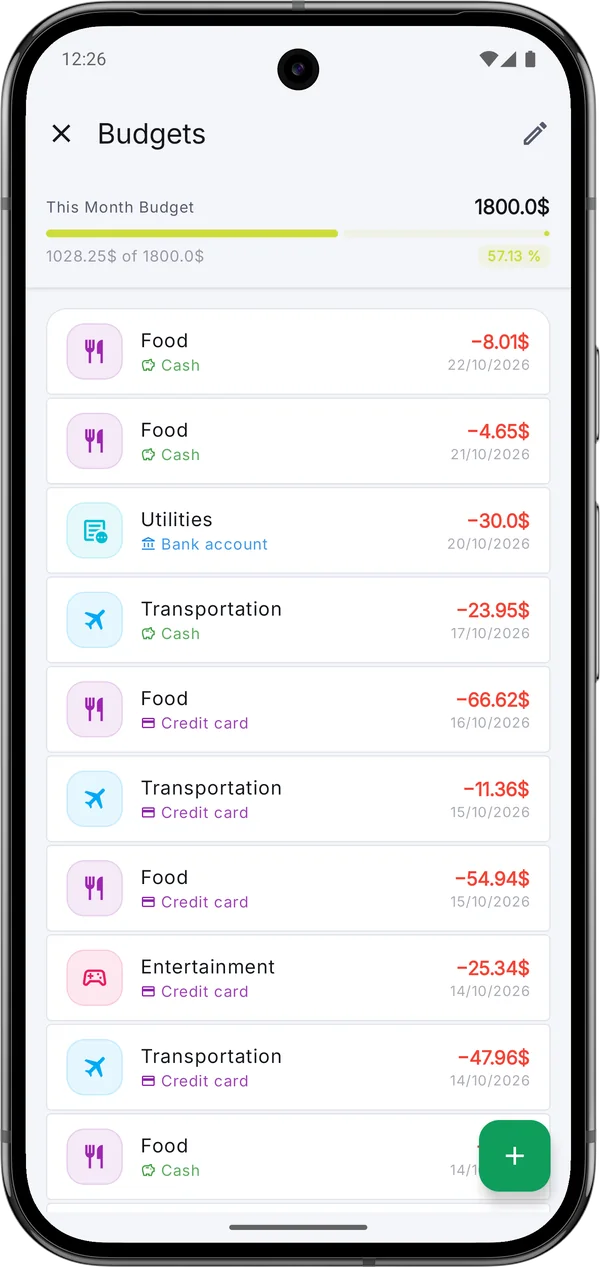 Monthly budget with its progress bar and the spending counted against it